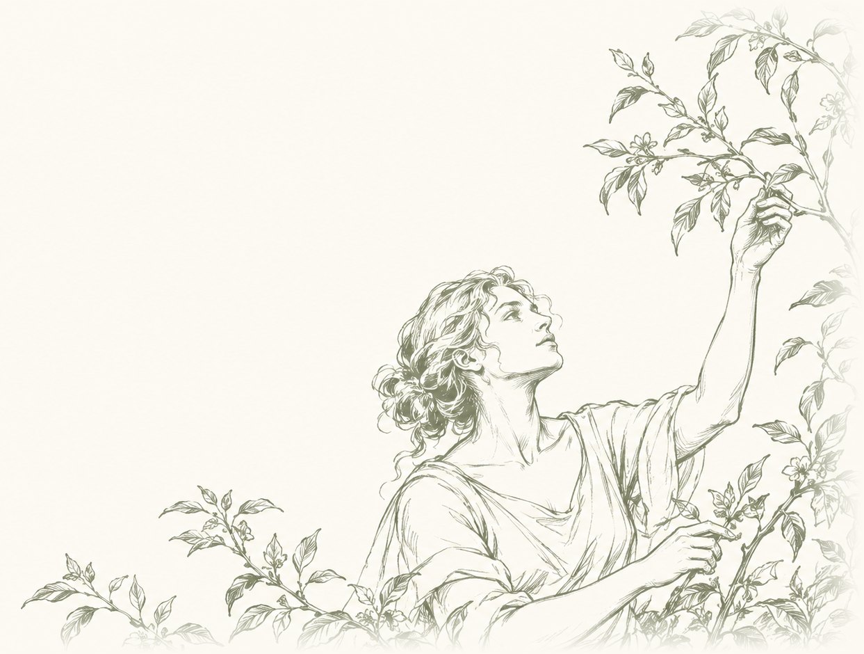 A line drawing of a woman tending a flourishing garden