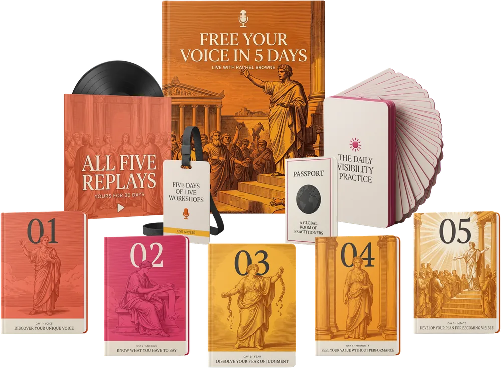 Everything included in Free Your Voice in 5 Days: five daily workbooks, the live workshops, the replays, the Daily Visibility Practice deck and the practitioner passport