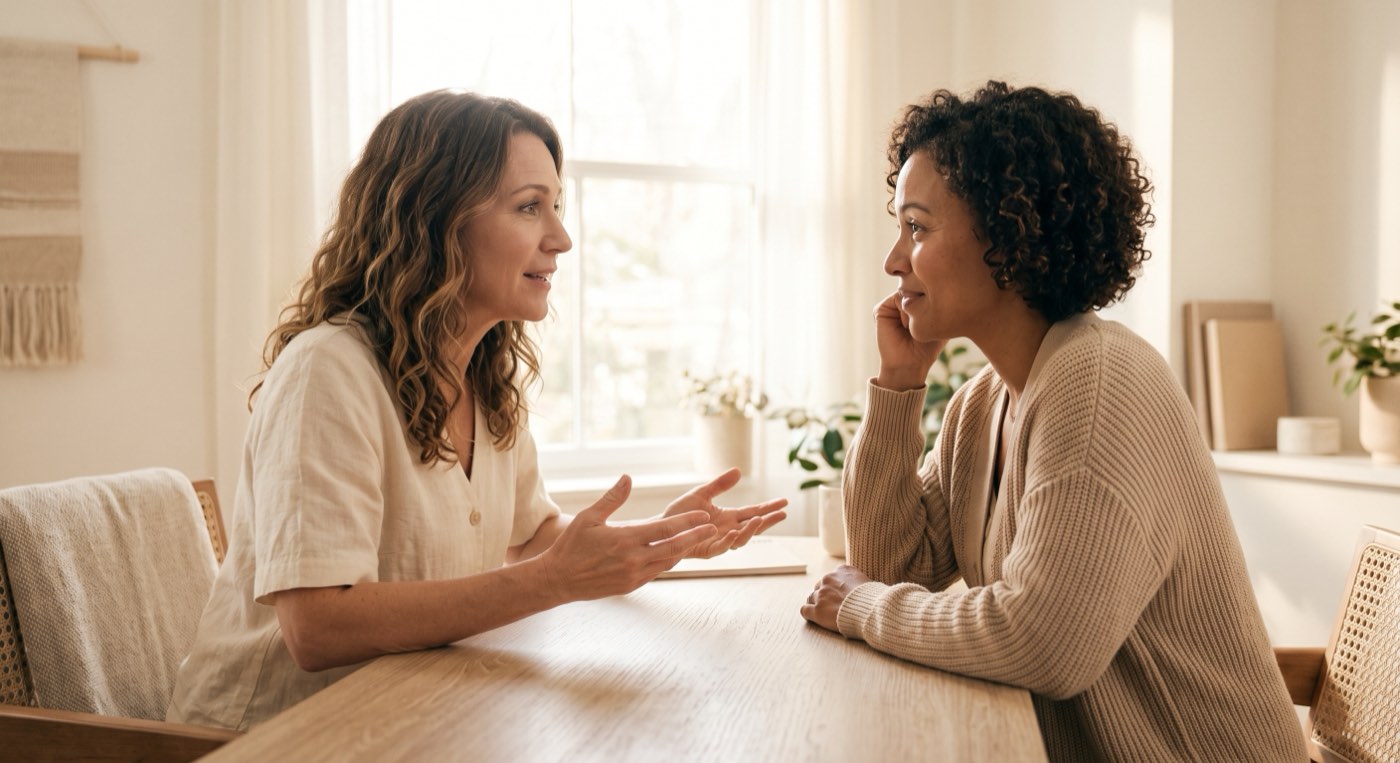 The same practitioner speaking warmly in a bright session, her client leaning in and nodding