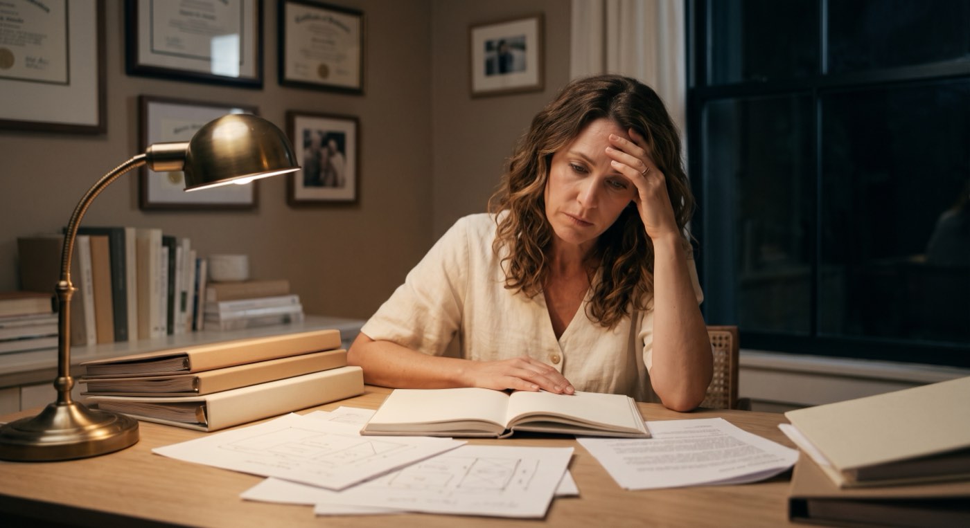 A practitioner at her desk at night, surrounded by certificates and course binders, staring at a blank page